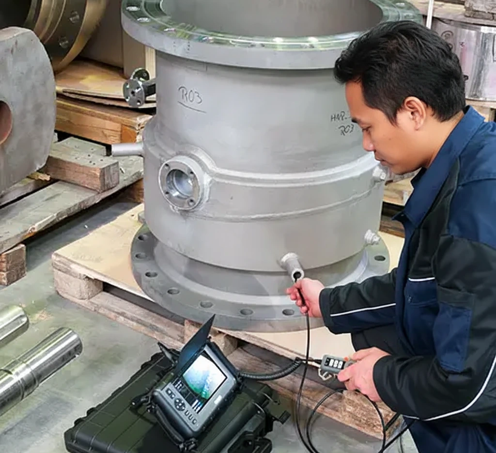 Gambar menampilkan teknisi Indonesia di bengkel otomotif sedang menggunakan videoscope PCE-VE 1014N-F untuk memeriksa area sempit pada mesin mobil; layar 7 inci pada unit utama terlihat menampilkan kondisi internal komponen, sementara probe dimasukkan ke jalur inspeksi di engine bay.