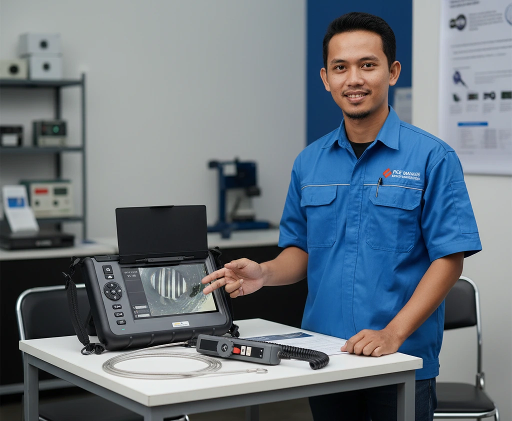 Foto teknisi otomotif Indonesia menggunakan videoscope PCE-VE 1034N-F dengan layar 7 inci untuk inspeksi internal mesin melalui lubang busi, menampilkan gambar ruang bakar secara real-time di bengkel modern.