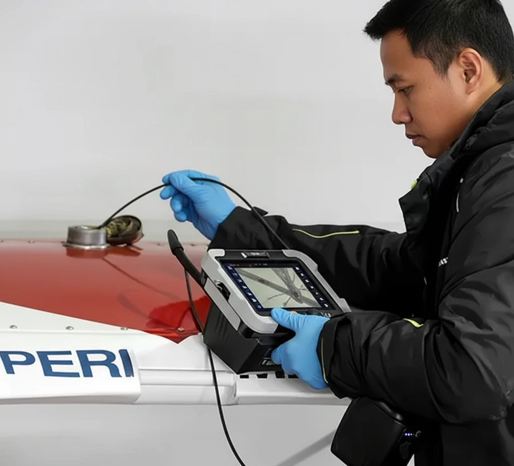 Teknisi QC Indonesia menggunakan videoscope PCE-VE 1500-22190 untuk inspeksi internal komponen mesin melalui lubang kecil, layar menampilkan gambar real-time permukaan logam dengan pencahayaan LED.