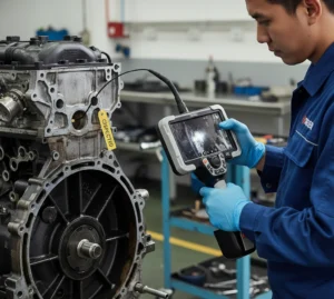 Teknisi QC Indonesia menggunakan videoscope PCE-VE 1500-28200 untuk inspeksi bagian dalam engine block di bengkel industri, dengan layar 7 inci menampilkan kondisi internal komponen dan probe fleksibel masuk ke lubang inspeksi.