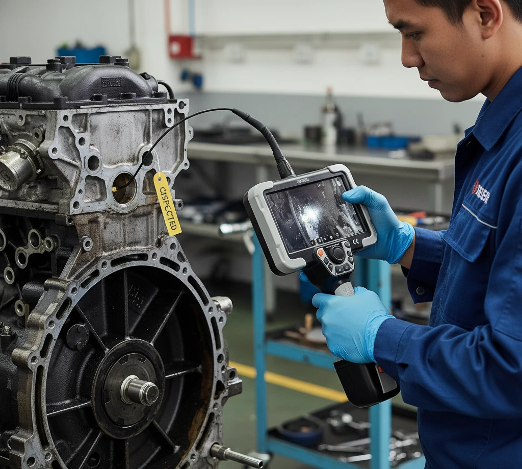 Teknisi QC Indonesia menggunakan videoscope PCE-VE 1500-28200 untuk inspeksi bagian dalam engine block di bengkel industri, dengan layar 7 inci menampilkan kondisi internal komponen dan probe fleksibel masuk ke lubang inspeksi.