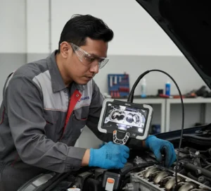 Teknisi Indonesia menggunakan PCE-VE 1500-60200 untuk inspeksi internal mesin otomotif, dengan layar sentuh menampilkan kondisi rongga komponen dan kabel probe masuk ke port mesin.