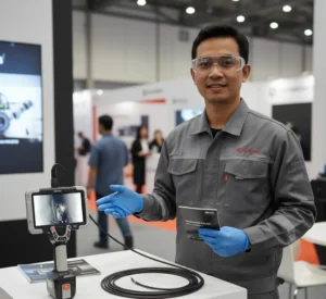 Teknisi Indonesia menggunakan videoscope PCE-VE 1500-60500 untuk inspeksi visual internal pipa di workshop industri, menampilkan kondisi permukaan bagian dalam pada layar alat.