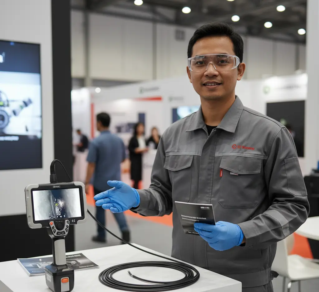 Teknisi Indonesia menggunakan videoscope PCE-VE 1500-60500 untuk inspeksi visual internal pipa di workshop industri, menampilkan kondisi permukaan bagian dalam pada layar alat.