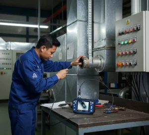 Foto menampilkan teknisi Indonesia melakukan inspeksi nondestruktif menggunakan borescope PCE-VE 200