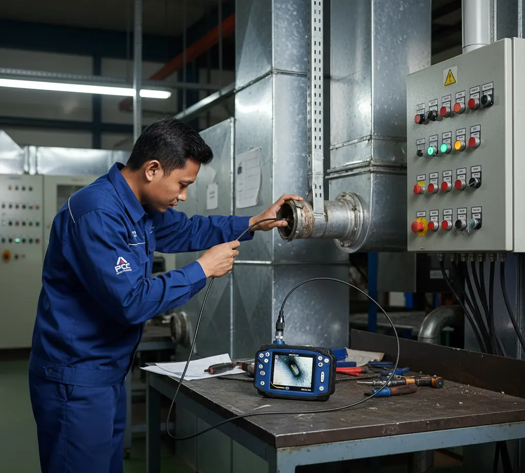 Foto menampilkan teknisi Indonesia melakukan inspeksi nondestruktif menggunakan borescope PCE-VE 200