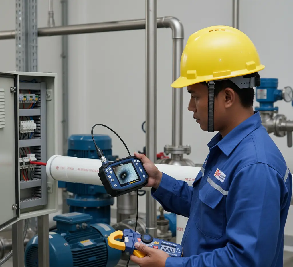 Teknisi Indonesia menggunakan borescope PCE-VE 200 untuk inspeksi bagian dalam pipa di area WTP/WWTP sambil mengecek arus pompa dengan clamp meter PCE-DC3.