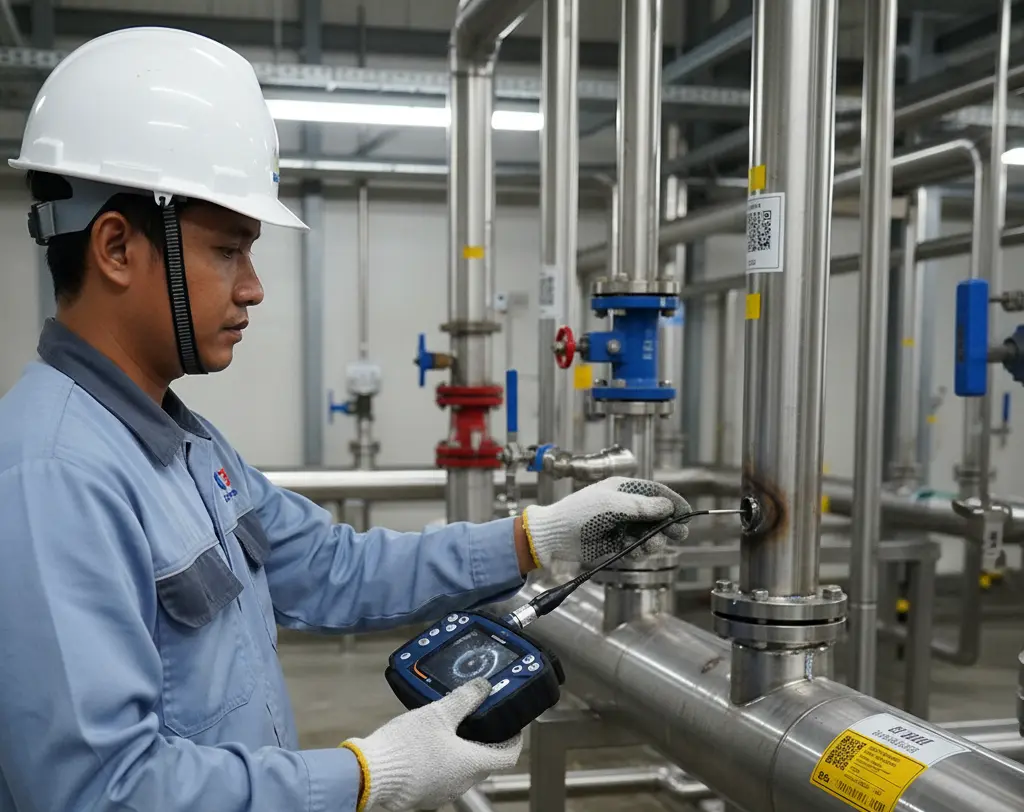 Teknisi Indonesia menggunakan borescope PCE-VE 200-S untuk inspeksi bagian dalam pipa stainless di fasilitas industri.