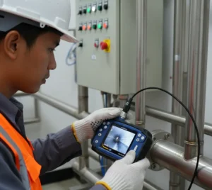 Teknisi Indonesia menggunakan borescope PCE-VE 200-S3 untuk inspeksi bagian dalam pipa utilitas di area WTP/WWTP, dengan probe tipis dan layar portabel menampilkan kondisi permukaan pipa.