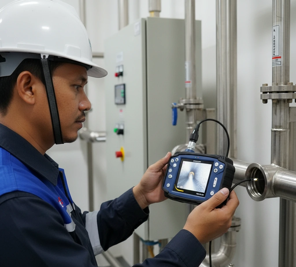 Teknisi Indonesia menggunakan borescope PCE-VE 200 untuk inspeksi bagian dalam pipa stainless di area utilitas WTP, dengan layar perangkat menampilkan kondisi dinding pipa.