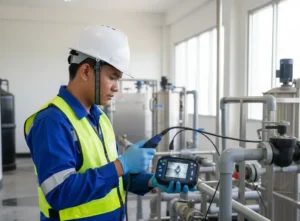 Teknisi Indonesia menggunakan borescope PCE-VE 200SV1 untuk inspeksi bagian dalam pipa dosing di fasilitas pengolahan air.