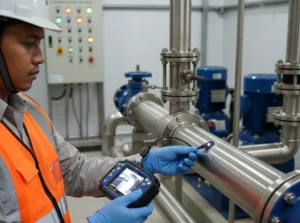 Teknisi Indonesia menggunakan borescope PCE-VE 200SV3 untuk inspeksi visual bagian dalam pipa di area instalasi pengolahan air, layar perangkat menampilkan kondisi internal pipa dengan pencahayaan LED