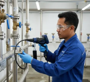 Teknisi Indonesia menggunakan borescope PCE-VE 250 untuk inspeksi bagian dalam pipa kecil di area WTP/WWTP, dengan layar 3,5 inci menampilkan kondisi deposit di dalam pipa.