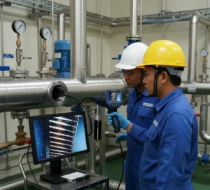 Teknisi Indonesia menggunakan borescope PCE-VE 260HT untuk inspeksi bagian dalam pipa stainless di fasilitas pengolahan air, dengan tampilan video terlihat di layar perangkat.