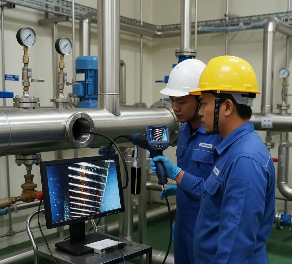 Teknisi Indonesia menggunakan borescope PCE-VE 260HT untuk inspeksi bagian dalam pipa stainless di fasilitas pengolahan air, dengan tampilan video terlihat di layar perangkat.