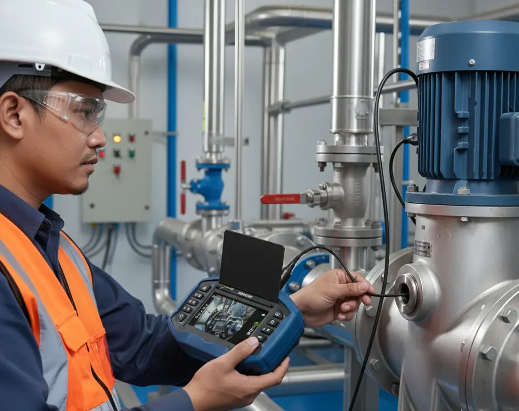 Teknisi Indonesia menggunakan borescope PCE-VE 270HR untuk inspeksi internal housing pompa di fasilitas pengolahan air, menampilkan layar 5 inci dan probe 2,8 mm di port inspeksi.