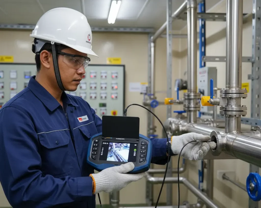 Teknisi Indonesia menggunakan borescope PCE-VE 270HRS untuk inspeksi bagian dalam pipa utilitas, terlihat unit layar 5 inci dan probe kabel fleksibel masuk ke port inspeksi.