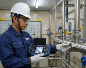 Teknisi Indonesia menggunakan borescope PCE-VE 270HRS untuk inspeksi bagian dalam pipa utilitas, terlihat unit layar 5 inci dan probe kabel fleksibel masuk ke port inspeksi.