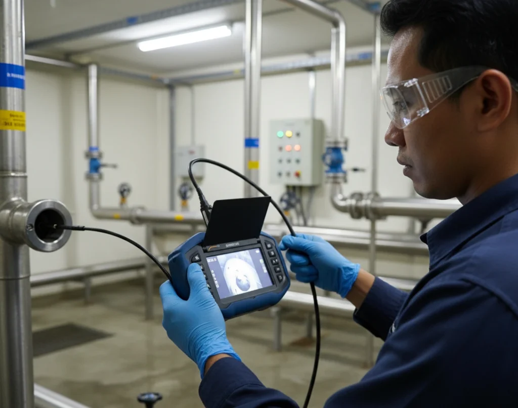 Teknisi Indonesia menggunakan borescope PCE-VE 270SV untuk inspeksi dinding dalam pipa di area utilitas yang lembap.