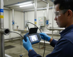 Teknisi Indonesia menggunakan borescope PCE-VE 270SV untuk inspeksi dinding dalam pipa di area utilitas yang lembap.