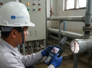 Teknisi Indonesia menggunakan PCE-VE 320HR untuk inspeksi bagian dalam pipa di area WWTP, layar perangkat menampilkan kondisi dinding pipa.