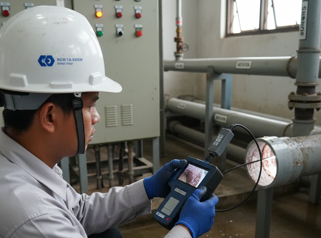 Teknisi Indonesia menggunakan PCE-VE 320HR untuk inspeksi bagian dalam pipa di area WWTP, layar perangkat menampilkan kondisi dinding pipa.