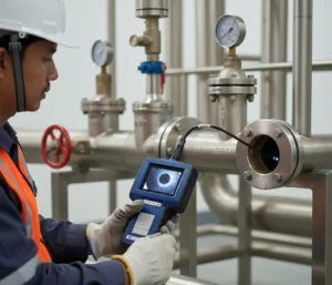 Teknisi Indonesia menggunakan borescope PCE-VE 330N untuk inspeksi bagian dalam pipa di area WTP/WWTP, layar handheld menampilkan kondisi interior pipa.