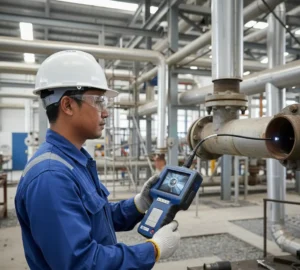 Teknisi Indonesia menggunakan borescope PCE-VE 340N untuk inspeksi visual bagian dalam pipa industri.