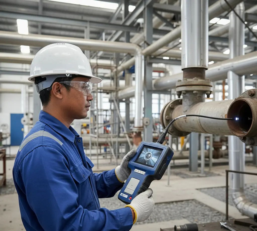 Teknisi Indonesia menggunakan borescope PCE-VE 340N untuk inspeksi visual bagian dalam pipa industri.