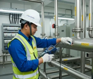 Teknisi Indonesia menggunakan borescope PCE-VE 350HR untuk inspeksi bagian dalam pipa di fasilitas WTP/WWTP, terlihat layar 3,5 inci menampilkan hasil inspeksi dengan pencahayaan LED.