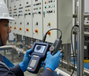 Teknisi Indonesia memeriksa bagian dalam pipa menggunakan borescope genggam PCE-VE 350HR3 dengan layar 3,5 inci dan probe fleksibel.