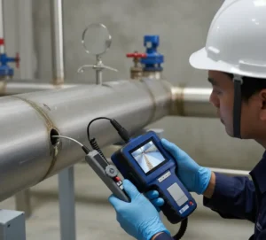 Teknisi Indonesia menggunakan borescope PCE-VE 355N3 untuk inspeksi bagian dalam pipa stainless di area utilitas, dengan layar perangkat menampilkan kondisi dinding pipa.