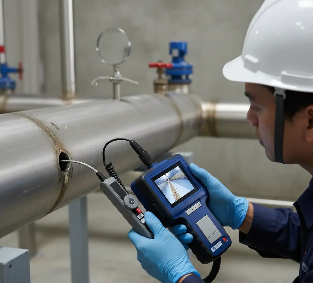 Teknisi Indonesia menggunakan borescope PCE-VE 355N3 untuk inspeksi bagian dalam pipa stainless di area utilitas, dengan layar perangkat menampilkan kondisi dinding pipa.