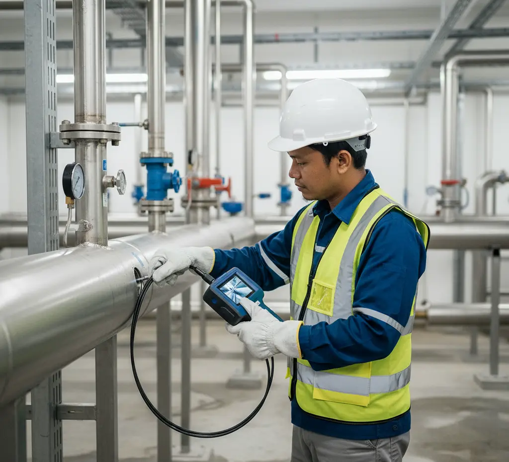 Teknisi Indonesia menggunakan borescope PCE-VE 360N untuk inspeksi bagian dalam pipa di area WWTP, perangkat portabel dengan layar terlihat jelas dan kabel kamera dimasukkan ke port inspeksi.