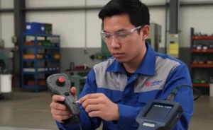 Teknisi Indonesia menggunakan borescope PCE-VE 370HR untuk inspeksi bagian dalam pipa di area WTP/WWTP, dengan layar perangkat menampilkan tampilan internal pipa dan probe fleksibel masuk ke port inspeksi.