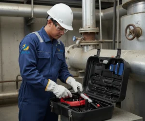Teknisi Oil & Gas Indonesia memakai APD lengkap menggunakan PCE-VE 380N untuk inspeksi visual bagian dalam chimney/ducting melalui inspection port, dengan monitor handheld menyala dan reel kabel di area kerja industri.