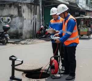 Teknisi PDAM Indonesia mengoperasikan kamera inspeksi pipa PCE-VE 380N-LOC di dekat manhole, dengan reel kabel merah dan layar handheld untuk memeriksa kondisi internal pipa distribusi.