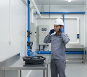 Foto menampilkan teknisi Indonesia di area utilitas pabrik pengolahan air sedang menggunakan borescope handheld untuk memeriksa bagian dalam pipa melalui port inspeksi