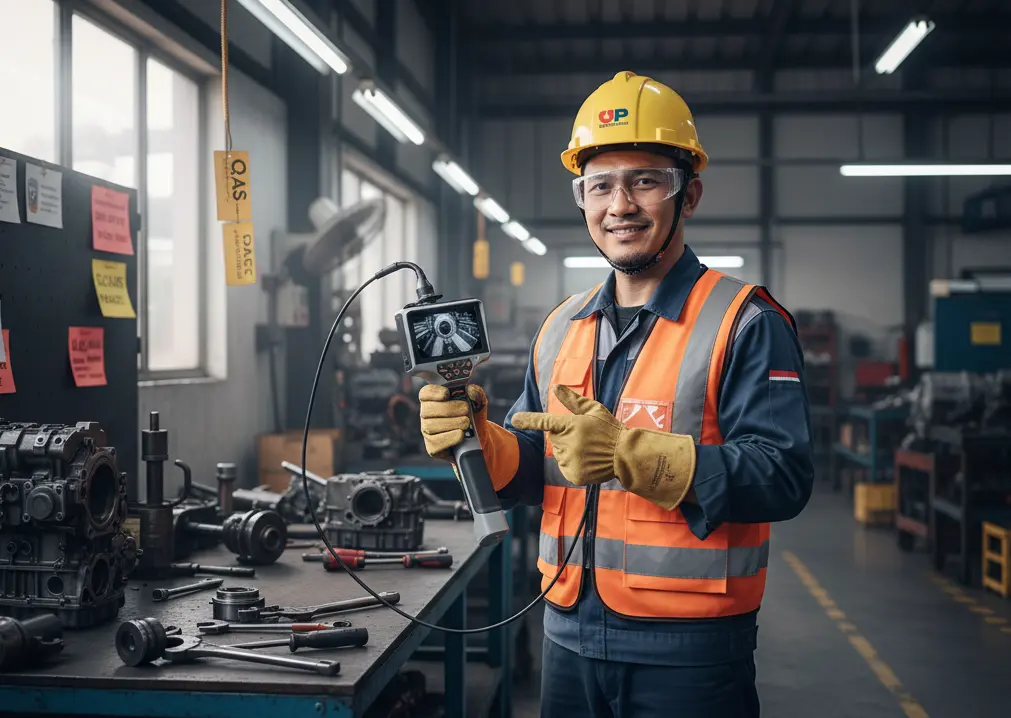 Teknisi QC Indonesia menggunakan borescope PCE-VE 400N4 dengan monitor 5 inci untuk inspeksi rongga mesin di workshop industri.