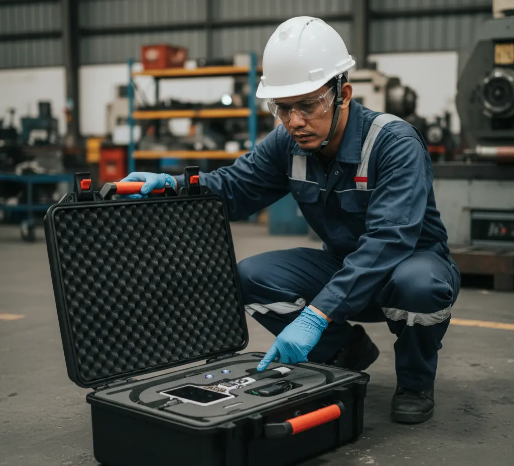 Foto menampilkan teknisi Indonesia di bengkel industri sedang melakukan inspeksi internal mesin otomotif menggunakan handheld borescope PCE-VE 900N4; layar 5 inci terlihat menyala menampilkan citra permukaan internal, sementara probe berdiameter kecil masuk ke port inspeksi pada mesin