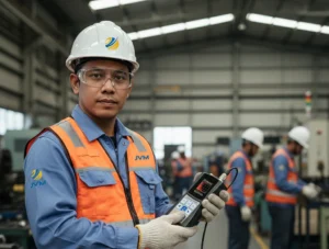 Teknisi Indonesia menggunakan vibration meter PCE-VM 31-HA untuk mengukur getaran pada alat kerja industri secara langsung di lapangan