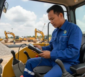 Teknisi Indonesia menggunakan alat vibration meter PCE-VM 31-WB untuk mengukur getaran pada operator alat berat di proyek konstruksi