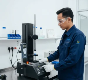 PCE-VTS 50-PFG 500-KIT dengan force gauge digital PCE-PFG 500 dan motorized vertical test stand untuk uji gaya tarik dan tekan.