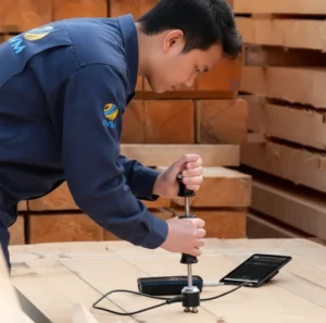 Seorang inspektor bangunan Indonesia mengukur kelembapan pada kusen kayu menggunakan PCE-WMT 200 dengan ram electrode, sambil memantau hasil di aplikasi smartphone melalui koneksi Bluetooth, dalam setting interior rumah yang memiliki indikasi area lembap.