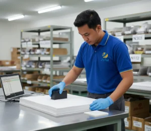 Teknisi QC Indonesia mengukur derajat putih kertas karton menggunakan Brightness Tester PCE-WNM 100 di meja inspeksi, dengan standard white board dan laptop pencatatan di area pabrik yang rapi.