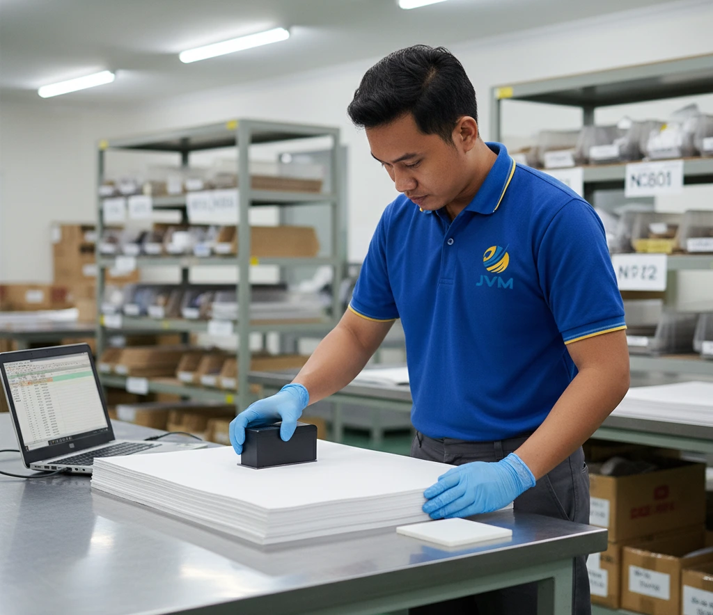 Teknisi QC Indonesia mengukur derajat putih kertas karton menggunakan Brightness Tester PCE-WNM 100 di meja inspeksi, dengan standard white board dan laptop pencatatan di area pabrik yang rapi.