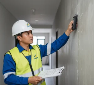 Seorang inspector Indonesia menempelkan moisture meter PCE-WP24 pada dinding beton untuk memeriksa area lembap secara non-destruktif sambil mencatat hasil inspeksi.