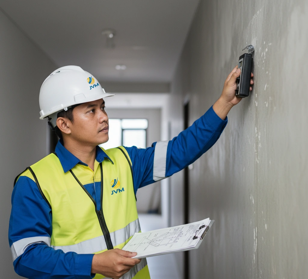 Seorang inspector Indonesia menempelkan moisture meter PCE-WP24 pada dinding beton untuk memeriksa area lembap secara non-destruktif sambil mencatat hasil inspeksi.