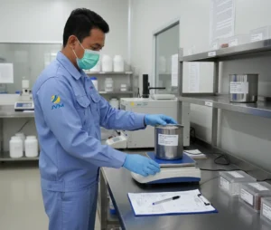 Gambar menampilkan teknisi QC Indonesia di area manufaktur yang sedang menimbang bahan baku dalam wadah stainless di atas benchtop scale PCE-WS 30; layar LCD menunjukkan angka stabil dan timbangan berada pada meja kerja yang rapi dengan dokumen inspeksi di sampingnya.