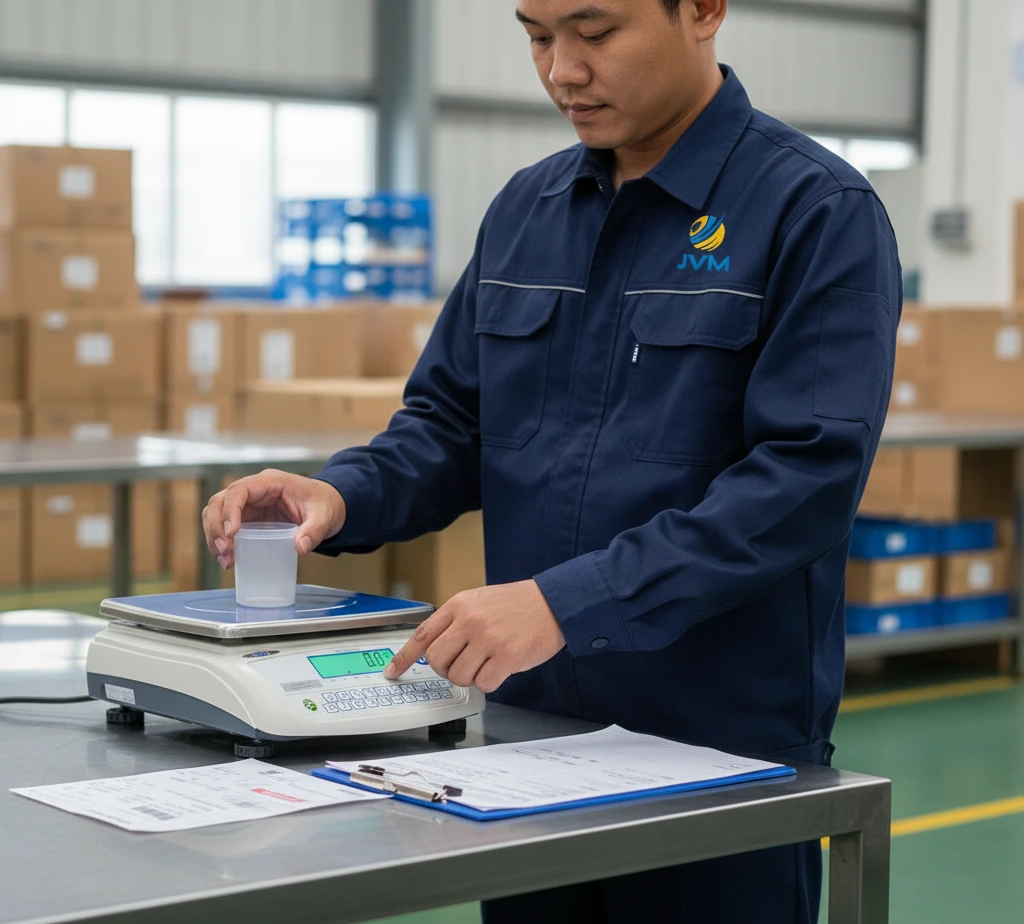 Foto teknisi QC Indonesia menimbang paket produksi menggunakan timbangan benchtop PCE-WS 30-ICA di meja kerja, layar LCD stabil dan checklist inspeksi di samping alat.